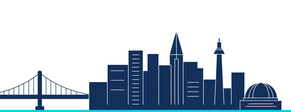 Urban skyline minimalist vector banner dark blue city panorama silhouette with bridge modern architecture clean background