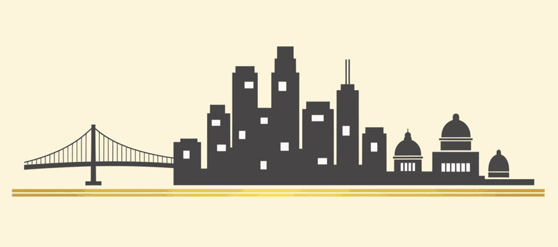 Flat city skyline vector modern minimalist cityscape silhouette dark grey architecture panorama with bridge classic domes