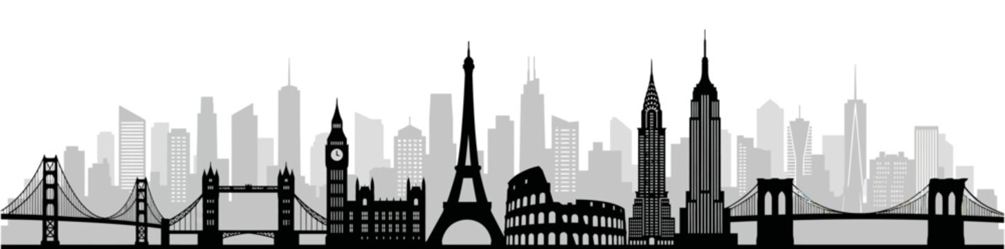Global landmarks skyline silhouette famous world architecture panorama with Eiffel tower Big Ben and iconic bridges