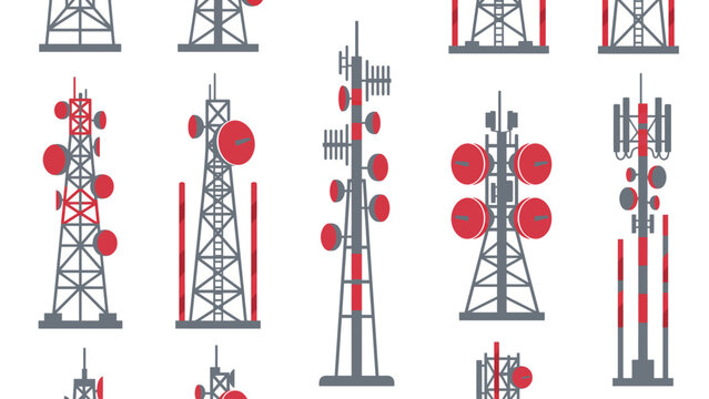 Telecommunication towers flat icons set radio antenna satellite dish cell mobile communication network transmission mast vector