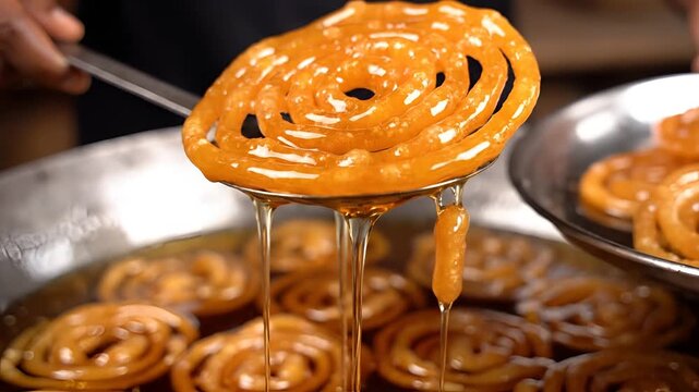 Delicious Jalebi Being Fried and Drained in Syrup.