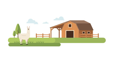Flat vector illustration of a cute white llama standing on a green field in front of a farm barn. © JK