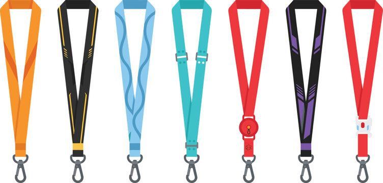 Colorful lanyard collection illustration, identification neck straps with clips and badge holders, accessory vector design for corporate branding