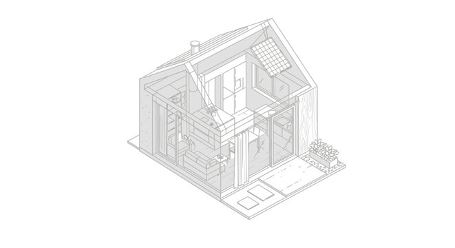 Isometric view of a modern tiny house interior with solar panels.