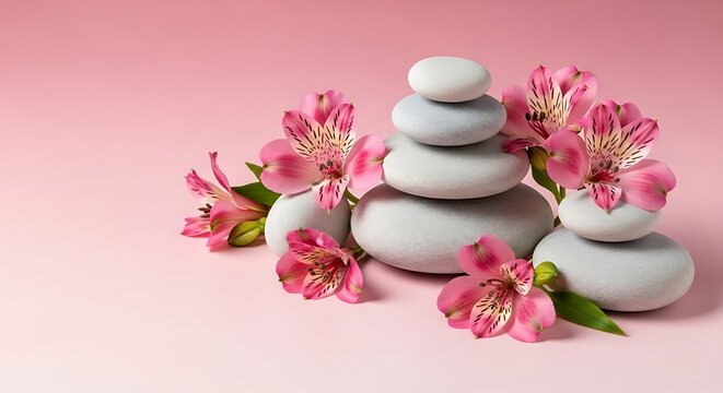 Stacked stones with pink cherry blossoms