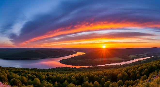 Sunset over winding river and forest landscape
