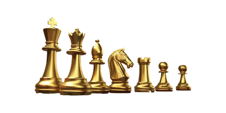 Golden chess pieces on a row for strategy and game concept  golden chess pieces