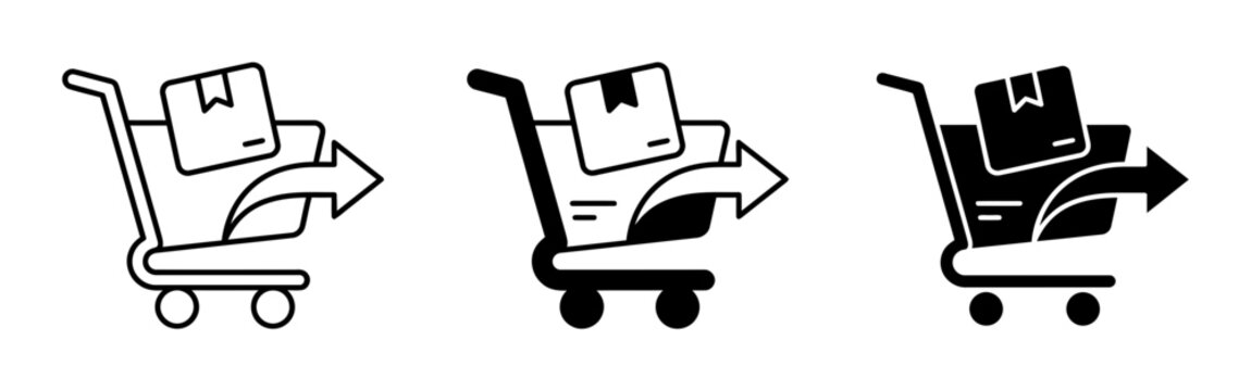3 Shopping Cart Silhouette Icons Cardboard Box Arrow, Solid Black Style, E-commerce Logistics Set