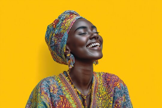 African woman wearing colorful traditional attire and headwrap smiles against a bright yellow background, showcasing vibrant patterns and cultural expression