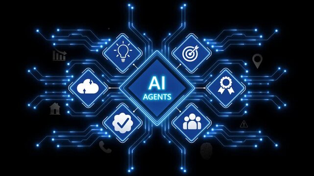 Multi function for Agentic AI technology motion background. Multi agent AI systems, Automate daily Tasks Smart AI solutions improve efficiency, Automate repetitive work on transparent background.