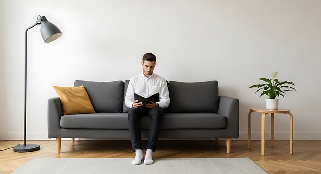 Man reading book on sofa indoors with lamp and plant minimal interior