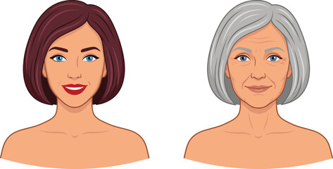 Obraz premium Young and elderly woman comparison illustration, female aging process concept with facial transformation, beauty and skincare education design
