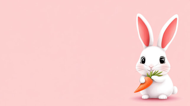 Rabbit bunny carrot cute white pink illustration cartoon on pastel background, smiling animal holding vegetable, copy space