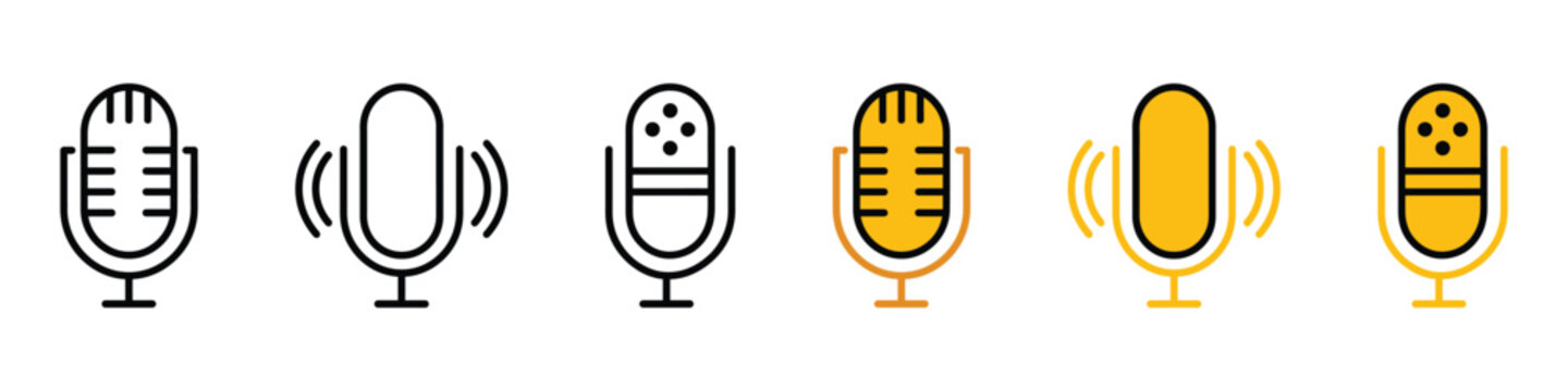 Microphone and audio recording icon set in various styles. Isolated vector illustration of podcast, radio, and studio sound equipment symbols for media and music design.