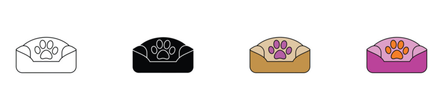Pet care icon set with cozy animal bed and paw print symbol. Isolated vector illustration of domestic cat and dog comfort accessories in outline, solid, and flat colorful styles.