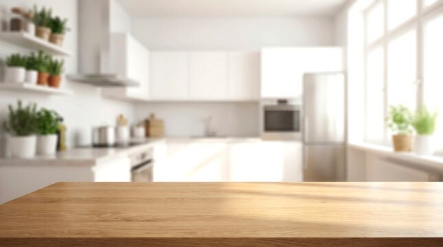 Empty wooden table top with blurred white kitchen background for household product display and website presentation