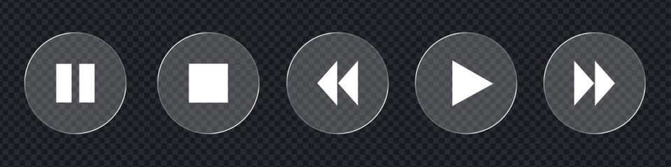 Media player and video control button set with glassmorphism style. Isolated vector illustration of play, pause, stop, and rewind icons for web and mobile app interface design. © MdNurul