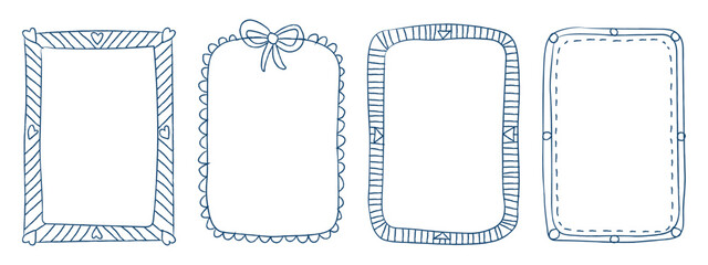 Hand drawn doodle frame set with hearts and decorative bow. Isolated vector illustration of cute border elements for invitation, greeting card, and photo frame design. © MdNurul
