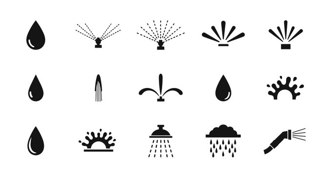 Set of black icons representing water irrigation systems, garden sprinkler nozzles, fluid spray patterns, lawn watering tools, and drop silhouettes