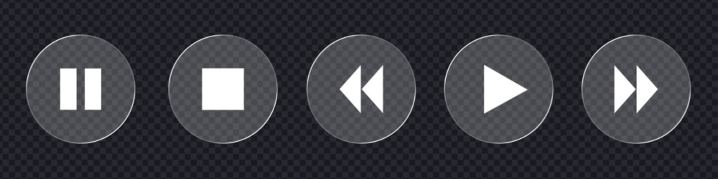 Media player and video control button set with glassmorphism style. Isolated vector illustration of play, pause, stop, and rewind icons for web and mobile app interface design.