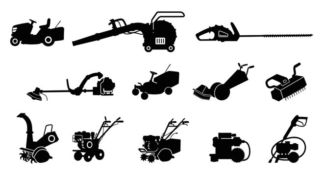 Set of black silhouette garden machinery icons including lawn mowers, trimmers, leaf blowers, gardening maintenance equipment
