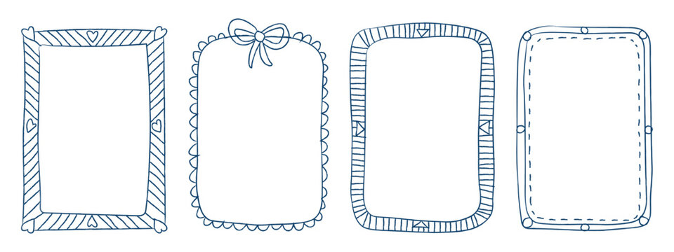 Hand drawn doodle frame set with hearts and decorative bow. Isolated vector illustration of cute border elements for invitation, greeting card, and photo frame design.