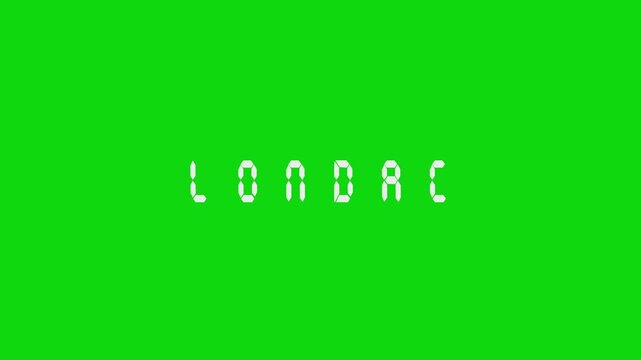 Text animation London city location longitude and latitude with random digital watch style text flip animation, action film like overlay.