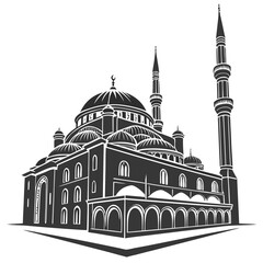 Black and white illustration of a mosque with domes and minarets © Afzaal