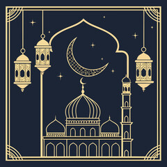 Elegant gold mosque illustration with crescent moon and lanterns on dark blue © Afzaal