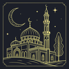 A gold line drawing of a mosque under a crescent moon at night © Afzaal