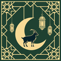 Eid aladha celebration with goat on crescent moon and lanterns © Afzaal