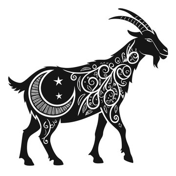 Black goat with celestial and floral patterns
