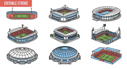 Collection of diverse sports stadiums and arenas illustrated in isometric view. © Niki