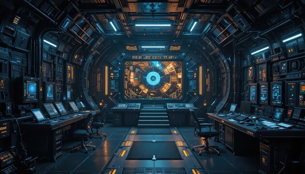 Deep underground sci-fi bunker with a massive digital control wall, glowing interface grid, industrial pipes and machinery