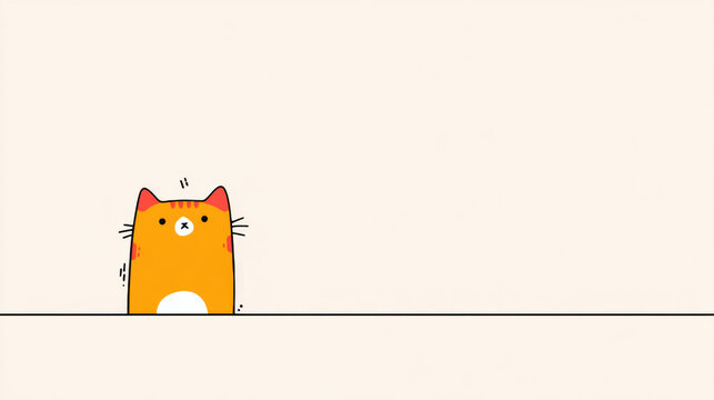 Cat cartoon cute orange minimal background character illustration, playful kitten peeking above line on beige blank space, simple design for copy