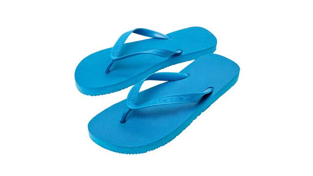 Pair of blue rubber flip-flops for summer beach vacation and relaxed poolside leisure activities isolated on transparent background