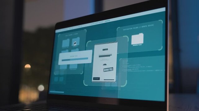 Close up on laptop computer screen as classified government files upload or copy into cloud or server. Hacker or spy agent stealing secret information from remote data center. Illegal cyber activity