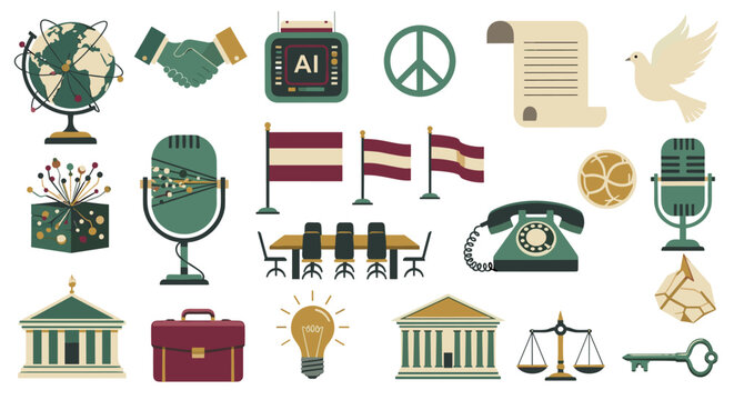 Multicolor diplomatic and political icons featuring national flags, conference tables, legal scales, and peace symbols arranged on a neutral light background.