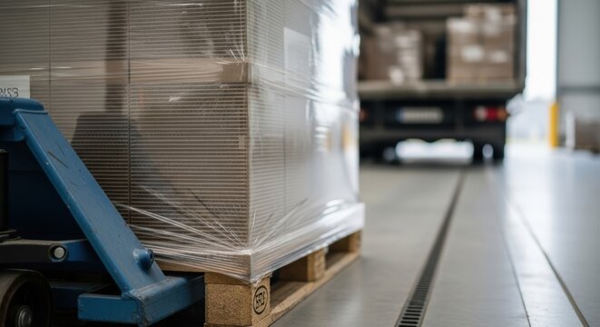 Pallet jack moving wrapped carton boxes in warehouse industrial setting