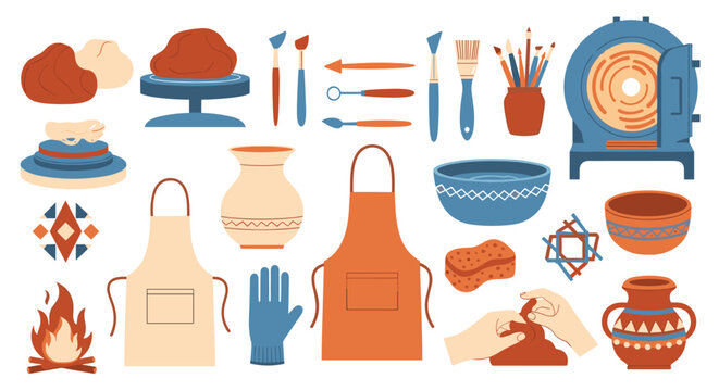 A collection of various pottery making supplies including clay, aprons, shaping tools, ceramic kilns, and handmade bowls are arranged neatly on a plain white background surface.