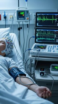 Patient undergoing medical monitoring with electroencephalogram for epilepsy assessment and brain wave analysis in a hospital setting