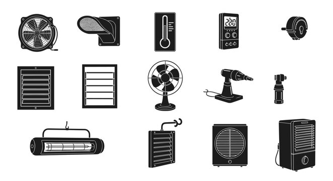 Set of black household appliances icons for climate control and ventilation, heating, cooling, temperature measurement, home automation
