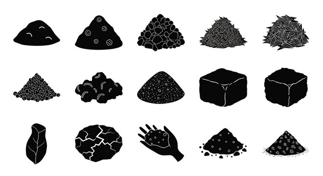 Set of soil piles, gardening mounds, compost heaps, agricultural dirt heaps, seedbed preparation, farming icons