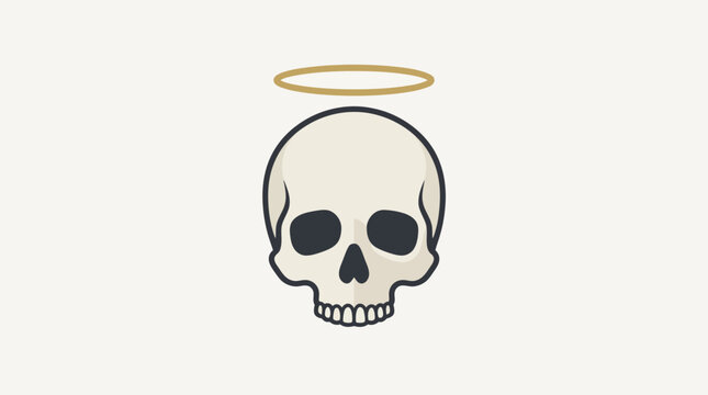 Minimalist Flat Design Vector Illustration of a Human Skull Adorned with a Golden Halo, Symbolizing Concepts of Mortality, Holiness, Eternal Rest, and Spiritual Transcendence