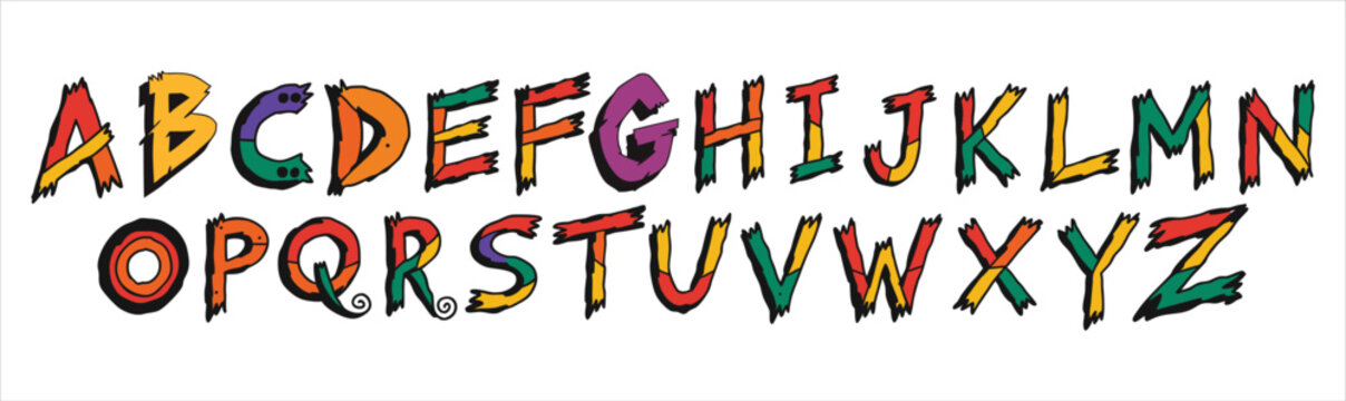 Colorful cartoon alphabet collection isolated on white background. Fun hand drawn letter set with playful educational typography elements. Creative comic style graphics for kids learning design.