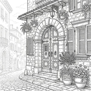 Detailed line art illustration of an old European building with a grand arched doorway, potted plants, and shuttered windows, perfect for coloring books.