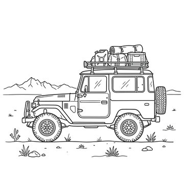 Off-road adventure vehicle with rooftop tent and camping gear, line art illustration for coloring book.
