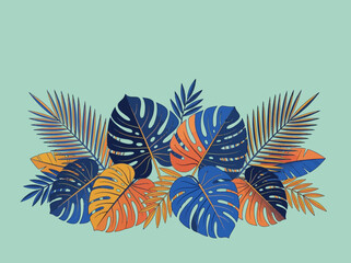 Tropical Monstera and Palm Leaves Illustration in Blue and Orange, Modern Exotic Foliage Background with Copy Space © ayuk