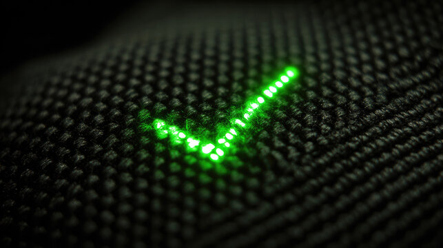 Person using pen to complete digital checklist concept. Close-up of a glowing green checkmark on textured fabric.