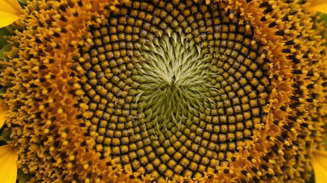 Extreme Macro Close-up of a Vibrant Sunflower Center Showing Fibonacci Spiral Pattern